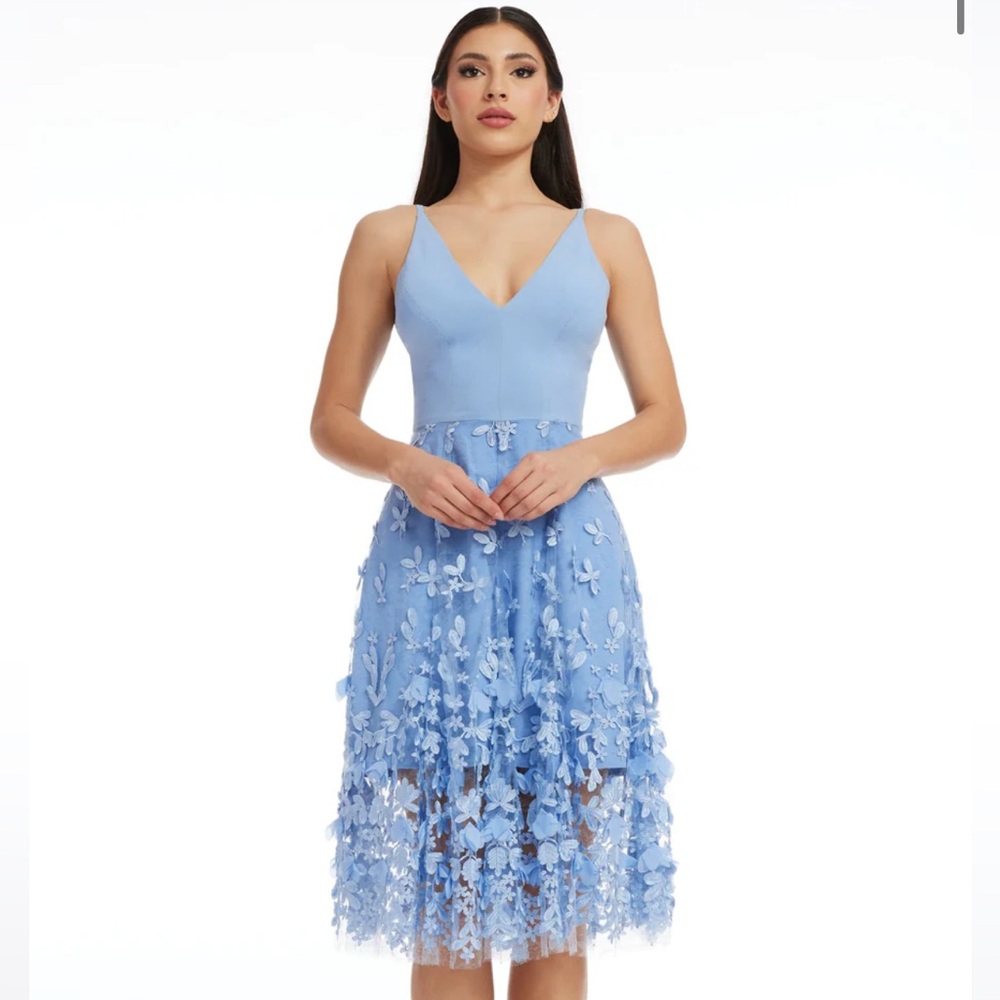 Dress the Population Light Blue Floral Midi Darleen Dress Size Small
